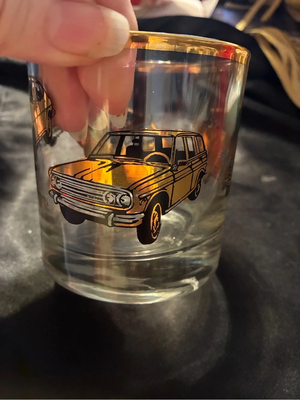 Vintage Gold Trim Glass lowball tumbler Pasadena Datsun